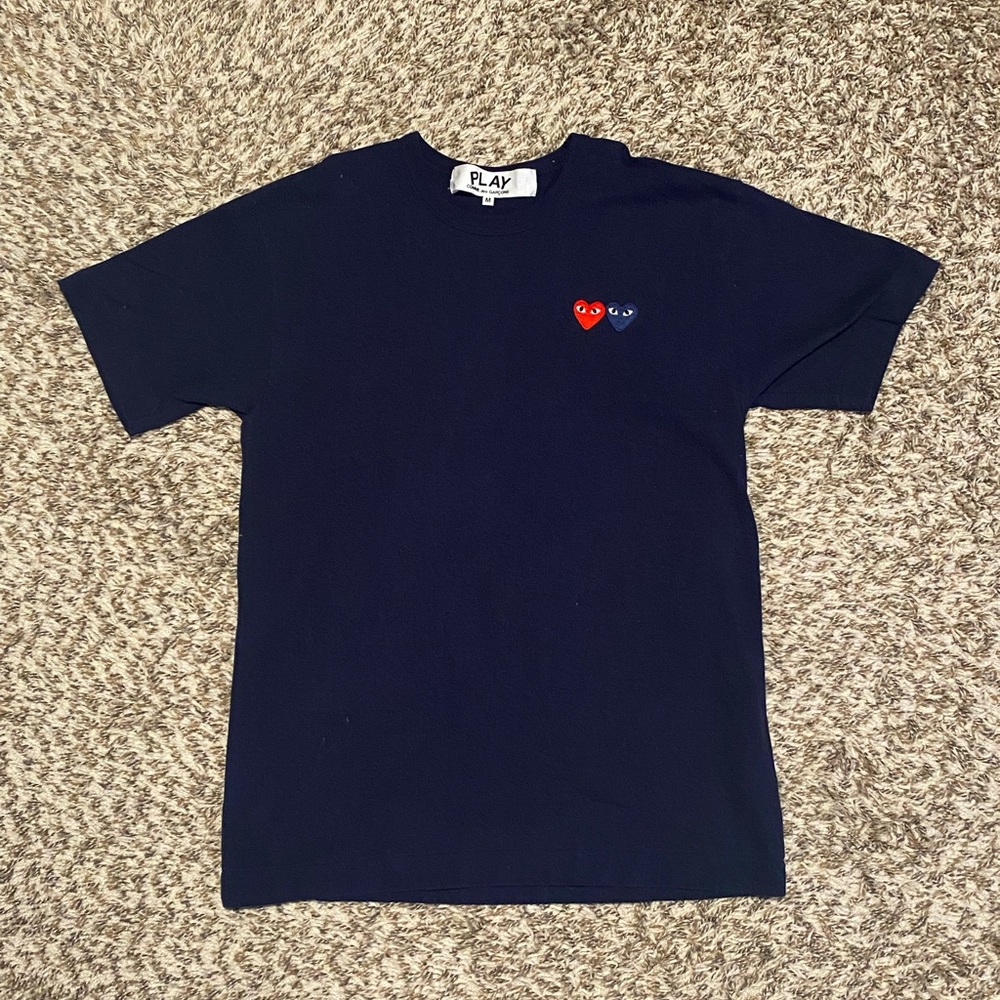 Comme Des Garcons PLAY Twin Hearts Short Sleeve T-shirt Navy Size Medium